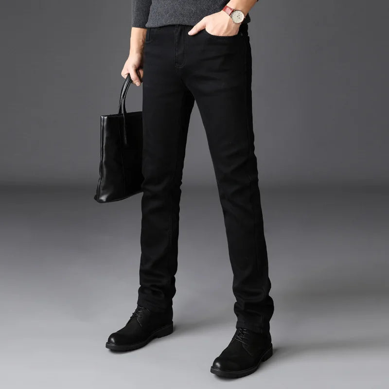 Men's dark wash straight fit stretch denim jeans with classic cut and all-day comfort flexibility
