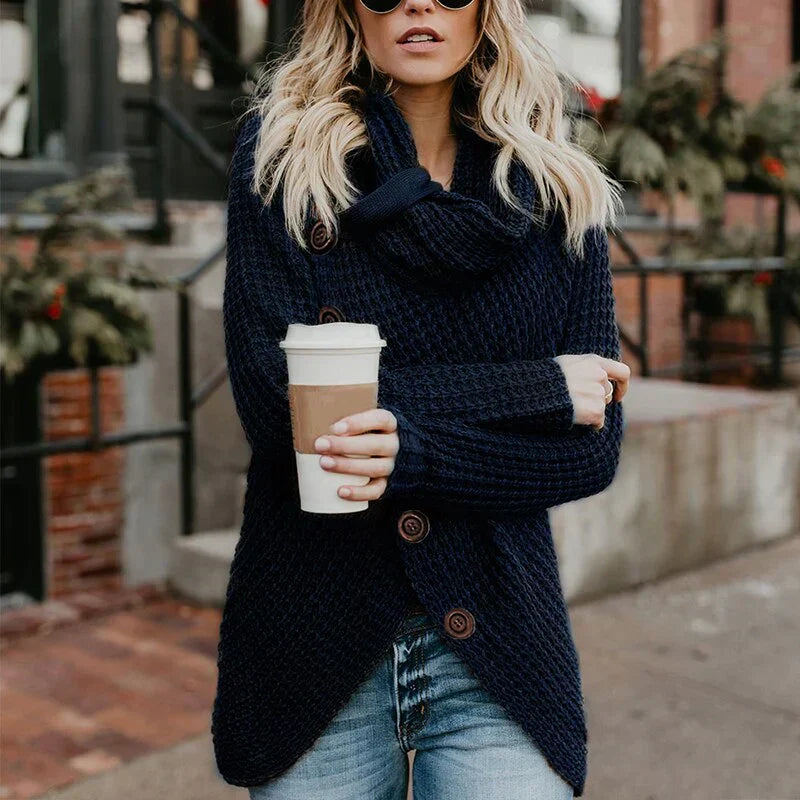 Women's asymmetrical turtleneck knit sweater cozy elegant modern design easy care versatile style