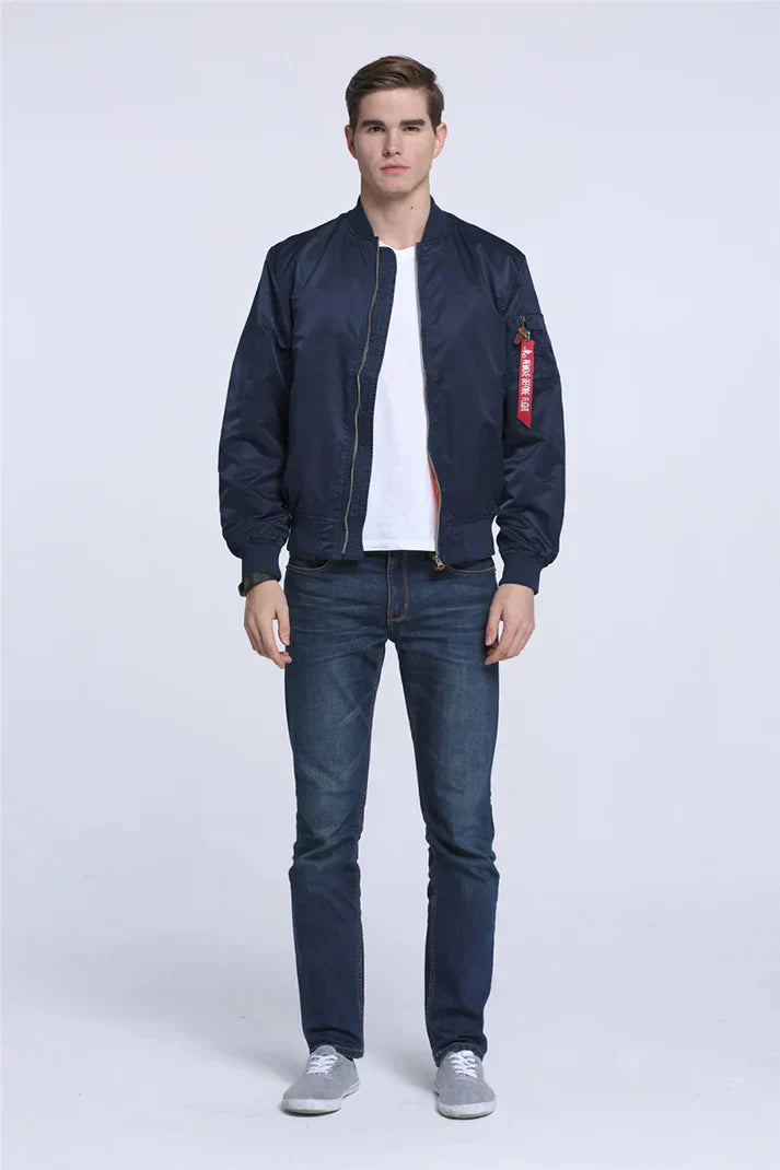 Men's olive green pilot bomber jacket with ribbed cuffs and classic aviation-inspired silhouette