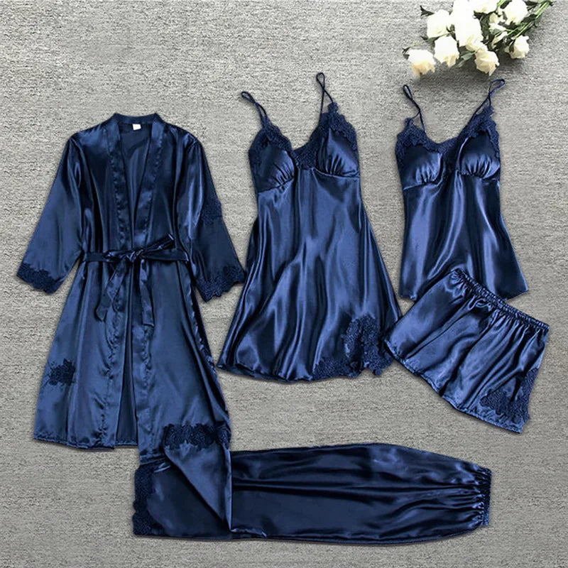 Women's silk robe five-piece luxury pajama set elegant satin finish comfortable loungewear