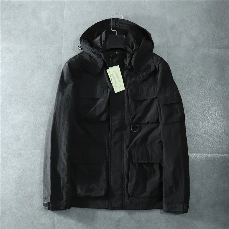 Men's olive tactical jacket waterproof slim-fit with removable hood and reinforced stitching