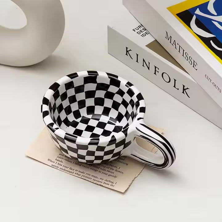 Vintage checkered ceramic coffee mug 7oz heat resistant dishwasher safe retro artisan design