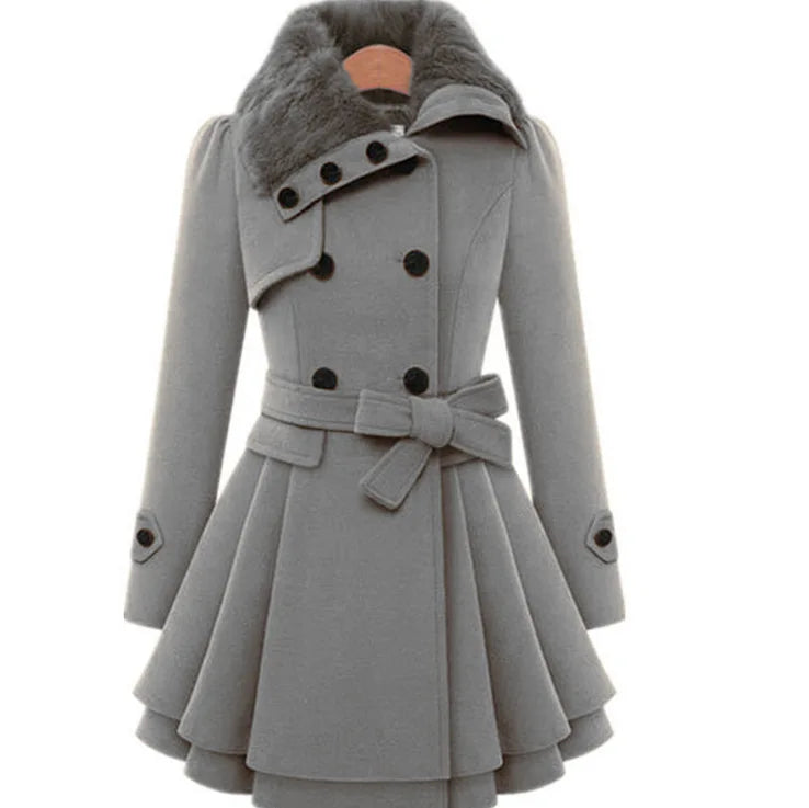Women's wool trench coat beige classic silhouette with sherpa lining and luxurious fur collar