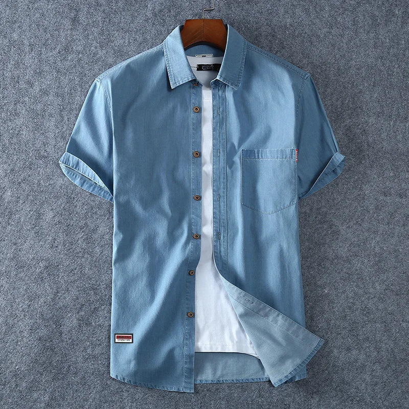Men's faded blue denim short sleeve shirt casual relaxed fit untucked everyday style