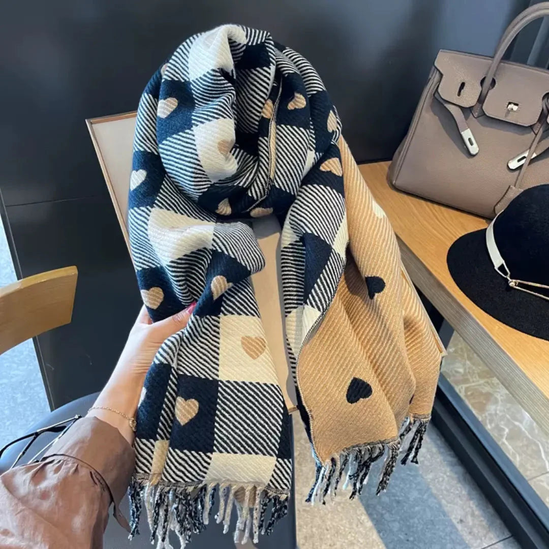 Women's plaid scarf with heart accents, fringed edges, soft cozy fabric, warm winter accessory