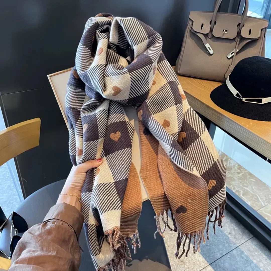 Women's plaid scarf with heart accents, fringed edges, soft cozy fabric, warm winter accessory