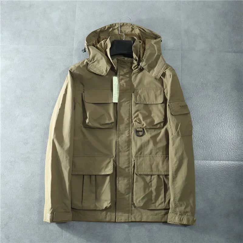 Men's olive green tactical jacket waterproof slim fit with removable hood and reinforced stitching