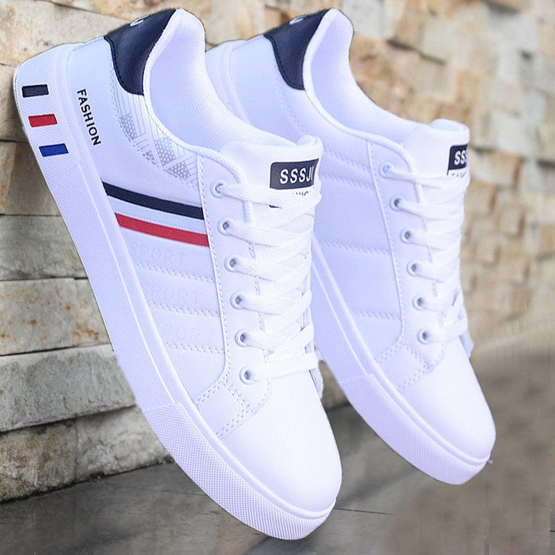 Unisex white stripe lace-up sneakers with smooth panelled upper for everyday casual comfort