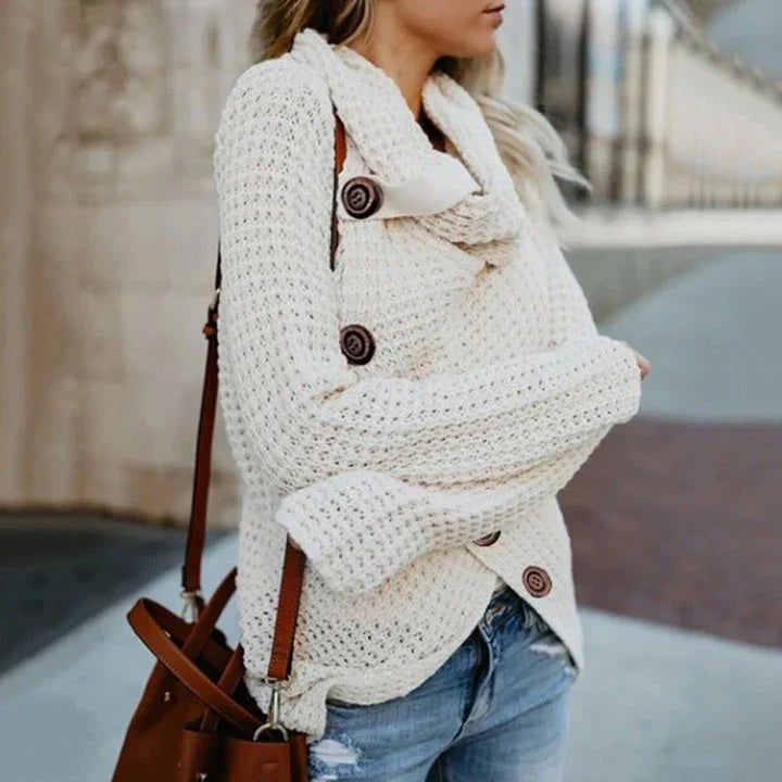 Women's asymmetrical turtleneck knit sweater cozy elegant modern design easy care versatile style