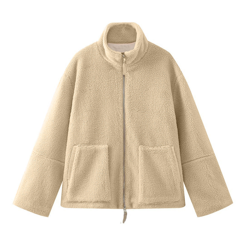 Olive green faux lambswool women's jacket with hood and lightweight quilted padding