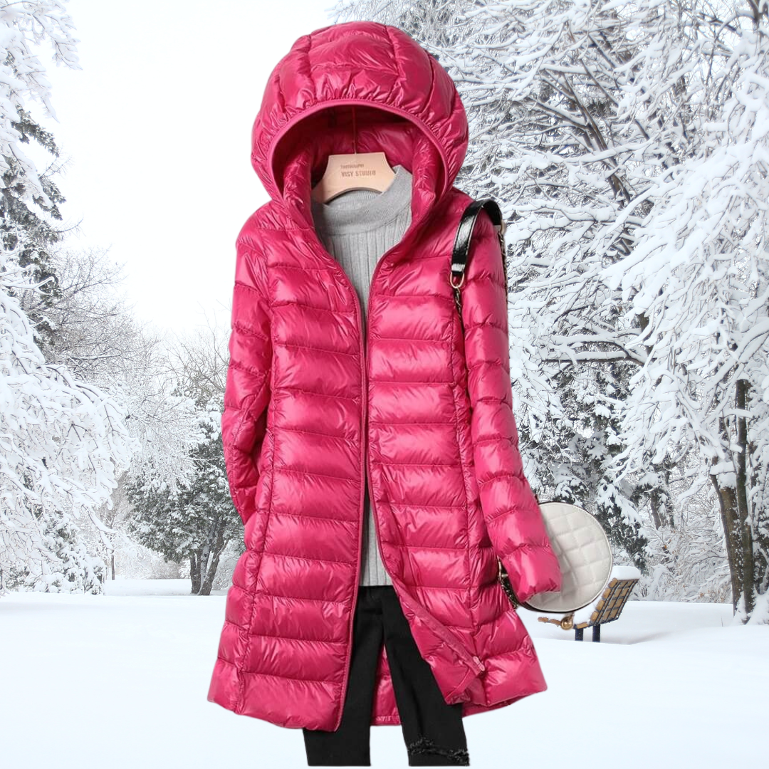 Women's ultralight taupe quilted puffer coat with hood, long silhouette for winter warmth