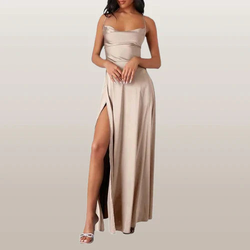 Vera satin maxi dress with cowl neck, side slit, sleeveless formal gown for women elegant silhouette