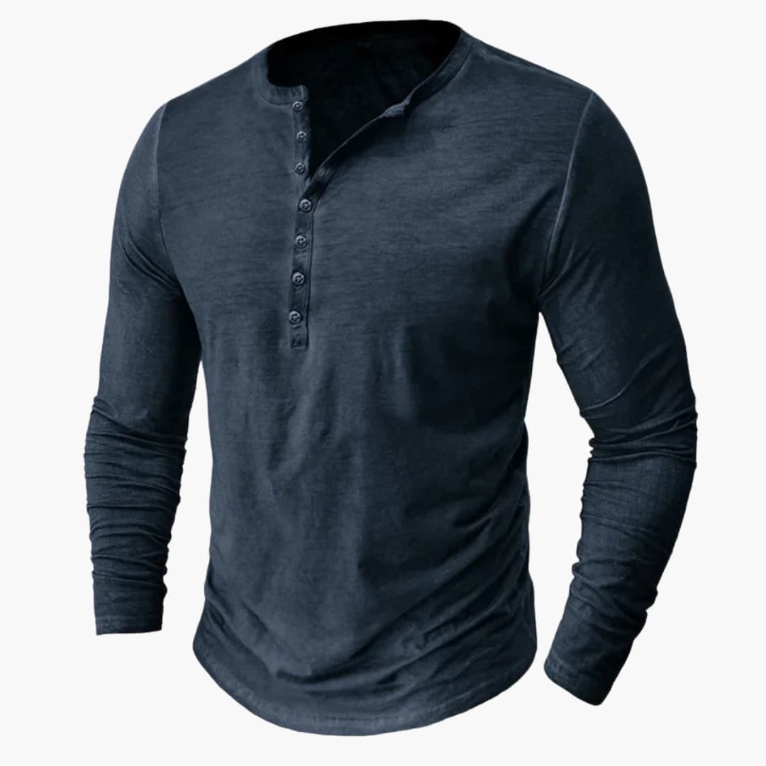 Men's comfort fit long sleeve Henley shirt with front button placket for casual everyday wear