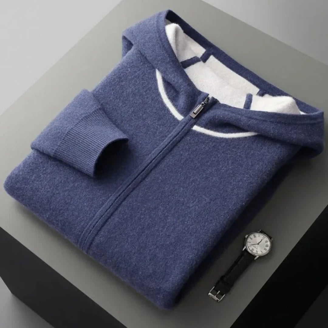 Men's gray cashmere wool hoodie and pants set, relaxed fit with double layer hood