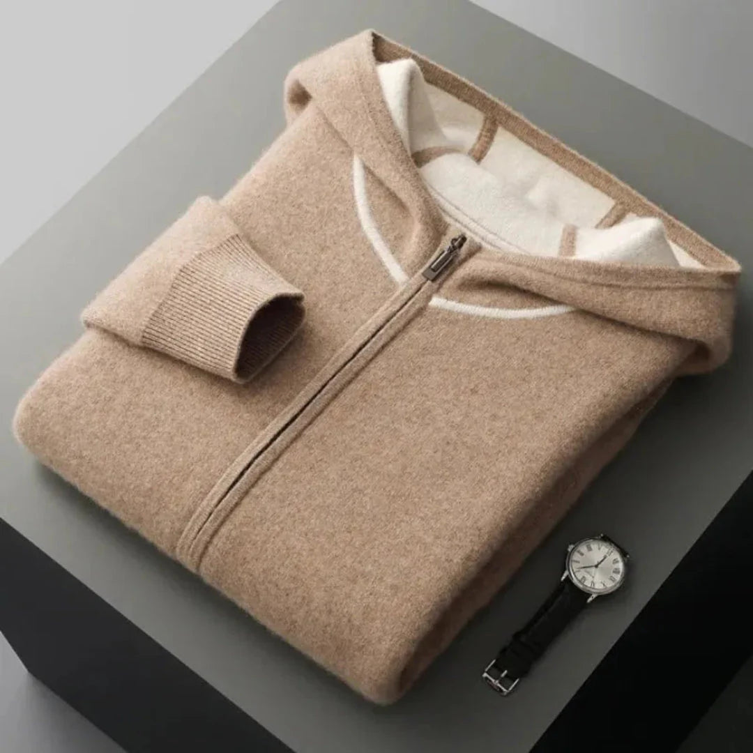 Men's gray cashmere wool hoodie and pants set, relaxed fit with double layer hood