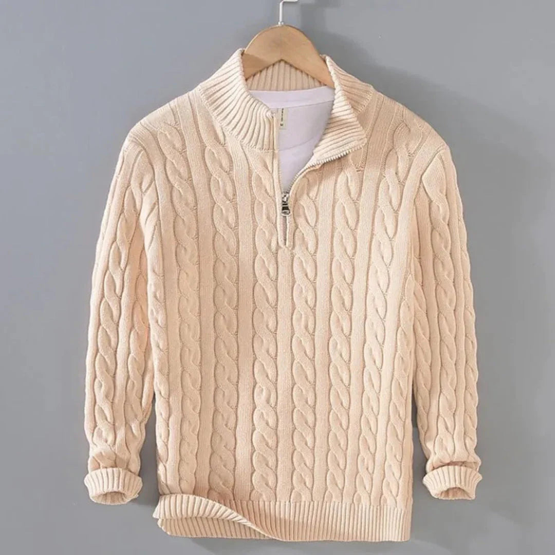 Men's cream cable knit half-zip sweater in breathable 100% cotton with classic texture