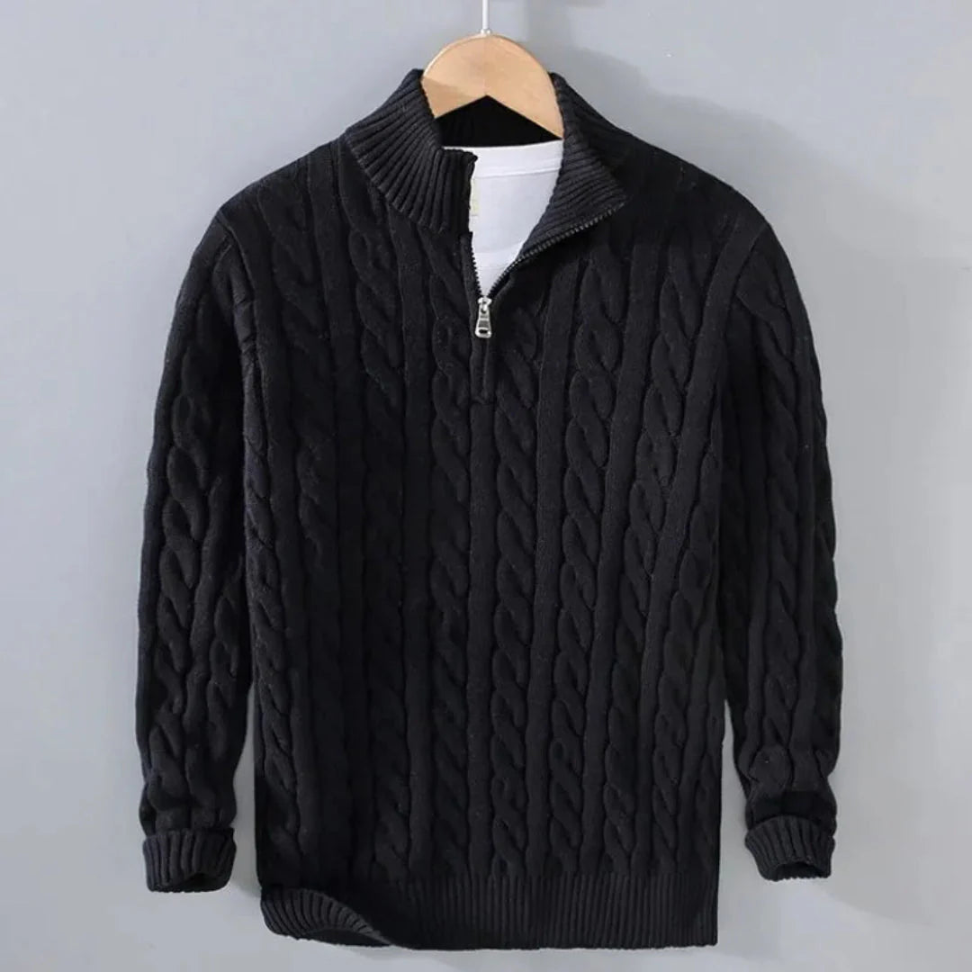 Men's cream cable knit half-zip sweater in breathable 100% cotton with classic texture