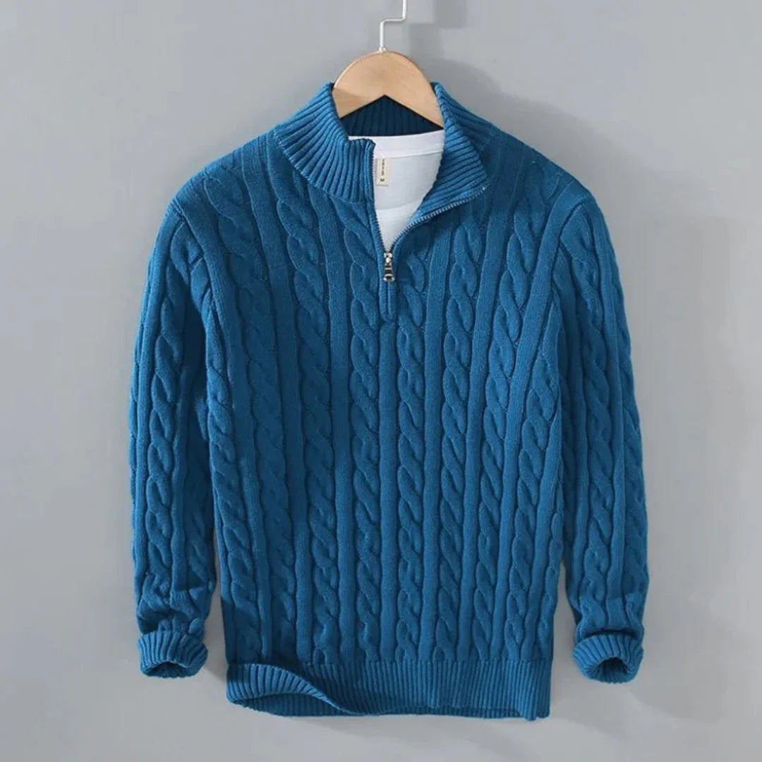 Men's beige cable knit half-zip sweater with classic texture and 100% breathable cotton construction