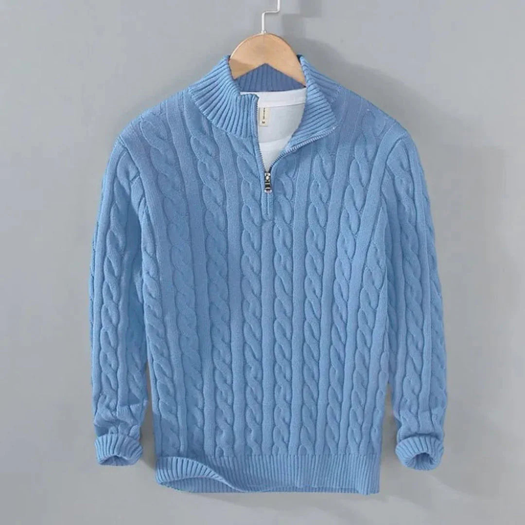 Men's cream cable knit half-zip sweater with classic texture and 100% breathable cotton construction