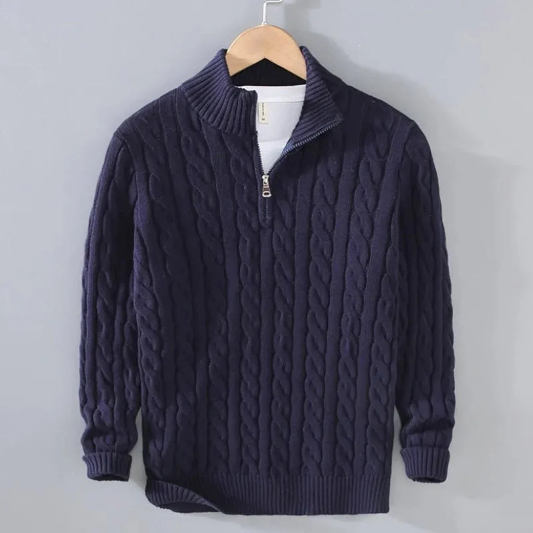Men's beige cable knit half-zip cotton sweater with classic texture and breathable year-round comfort
