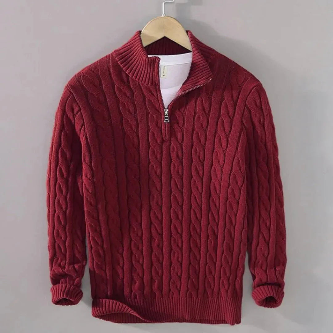 Men's beige cable knit half-zip sweater in breathable 100% cotton with classic texture