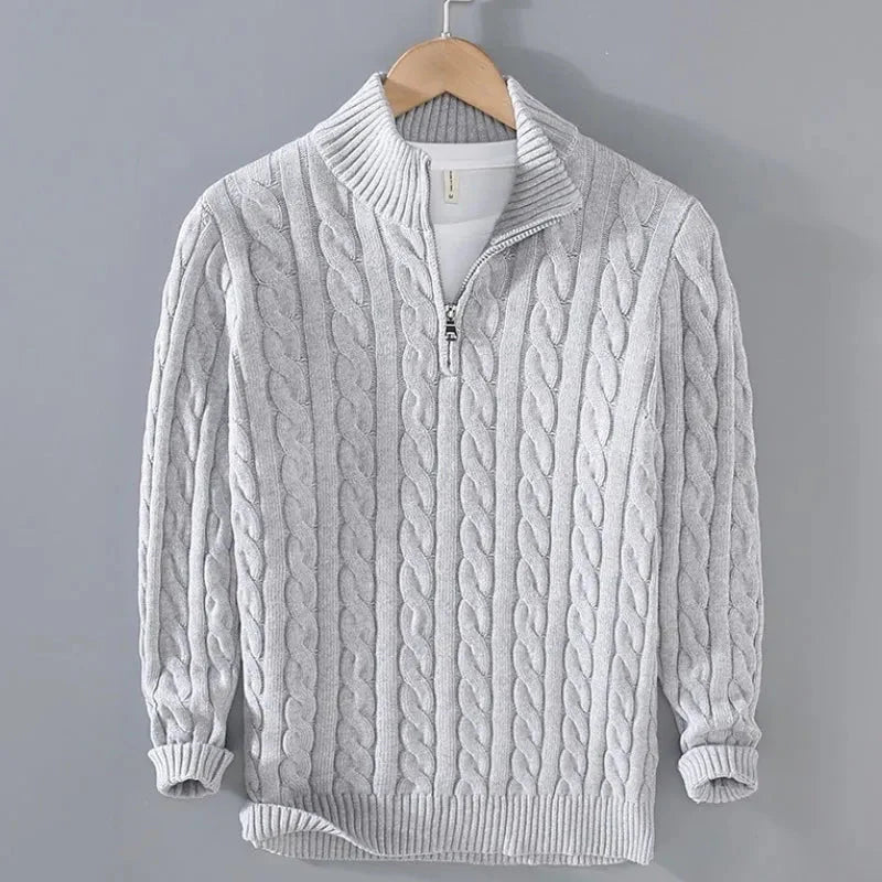 Men's cream cable knit half-zip sweater with classic texture and 100% breathable cotton construction