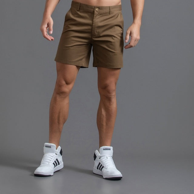 Men's khaki cotton chino shorts mid-length flat-front cut breathable casual summer essential