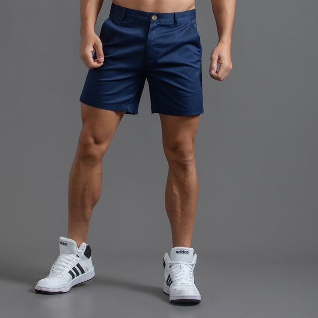 Men's khaki cotton chino shorts mid-length flat-front cut breathable casual summer style