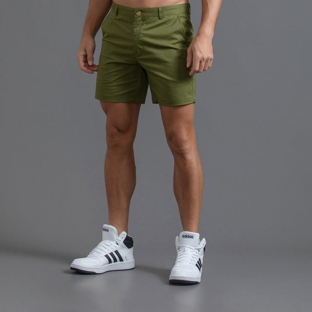 Men's khaki cotton chino shorts mid-length flat-front breathable casual summer comfort