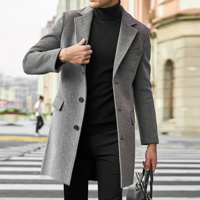 Men's tailored long coat notched lapel formal outerwear classic elegant slim-fit button closure