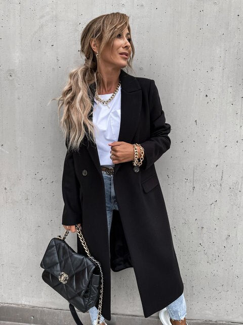 Women's long tailored double-breasted wool blend coat elegant structured silhouette office to evening