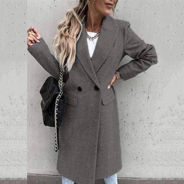 Women's long tailored double-breasted wool blend coat elegant structured silhouette office to evening