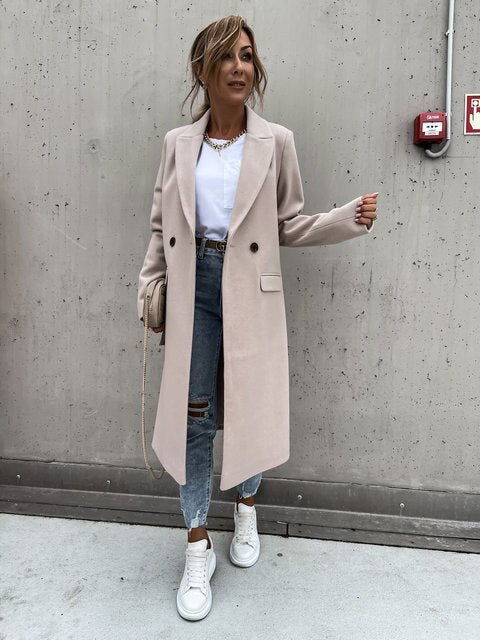 Women's long tailored double-breasted wool blend coat elegant structured silhouette office to evening