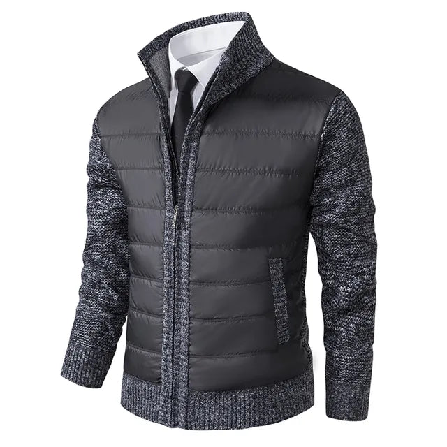 Men's winter jacket with front zipper, textured inserts, ribbed cuffs, modern business casual style