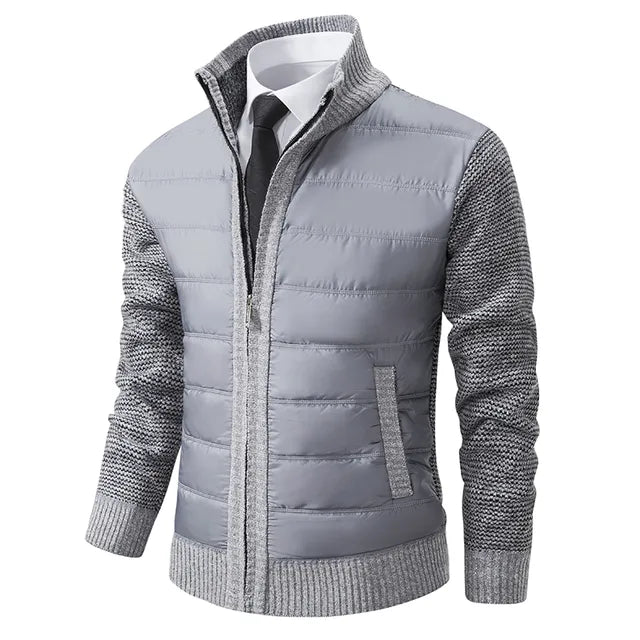 Men's winter jacket with front zipper, textured inserts, ribbed cuffs, modern business-casual style