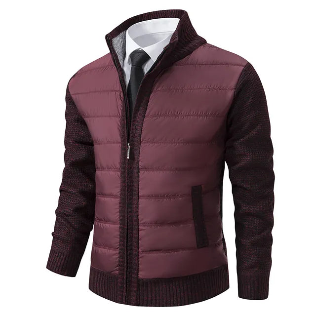 Men's winter jacket with front zipper, textured inserts, ribbed cuffs, modern business-casual style