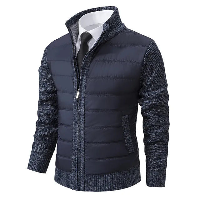 Men's winter jacket with front zipper, textured inserts, ribbed cuffs, modern business casual style