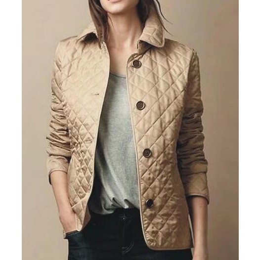 Women's slim-fit quilted jacket with diamond stitching and classic button closure for everyday chic style