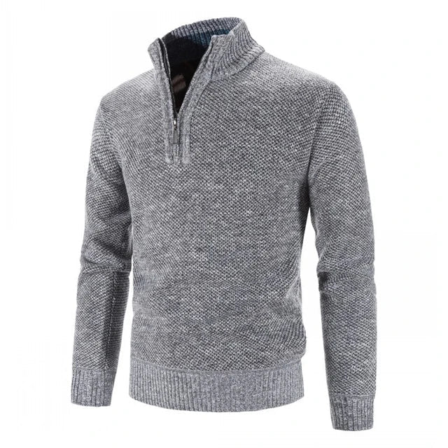 Unisex beige half-zip premium knit sweater with sleek zipper detail for timeless cold-weather style