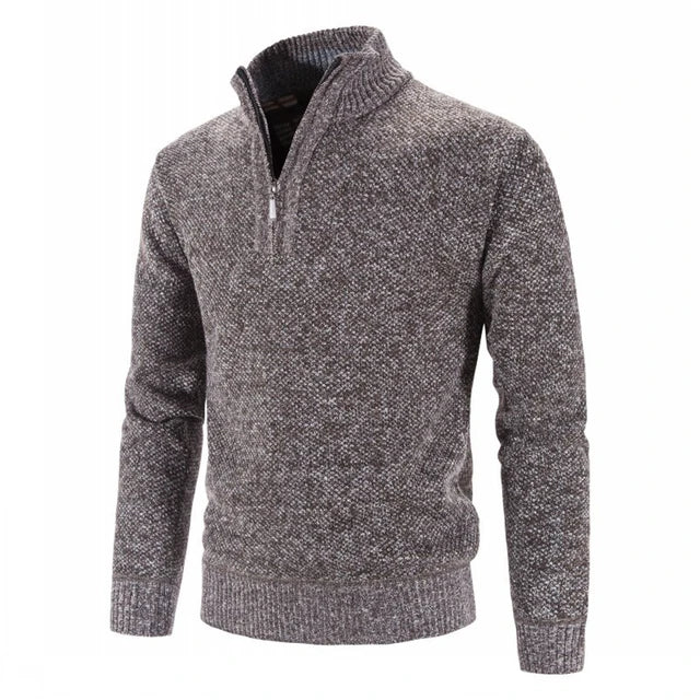 Unisex beige half-zip premium knit sweater with sleek zip detail for everyday warmth