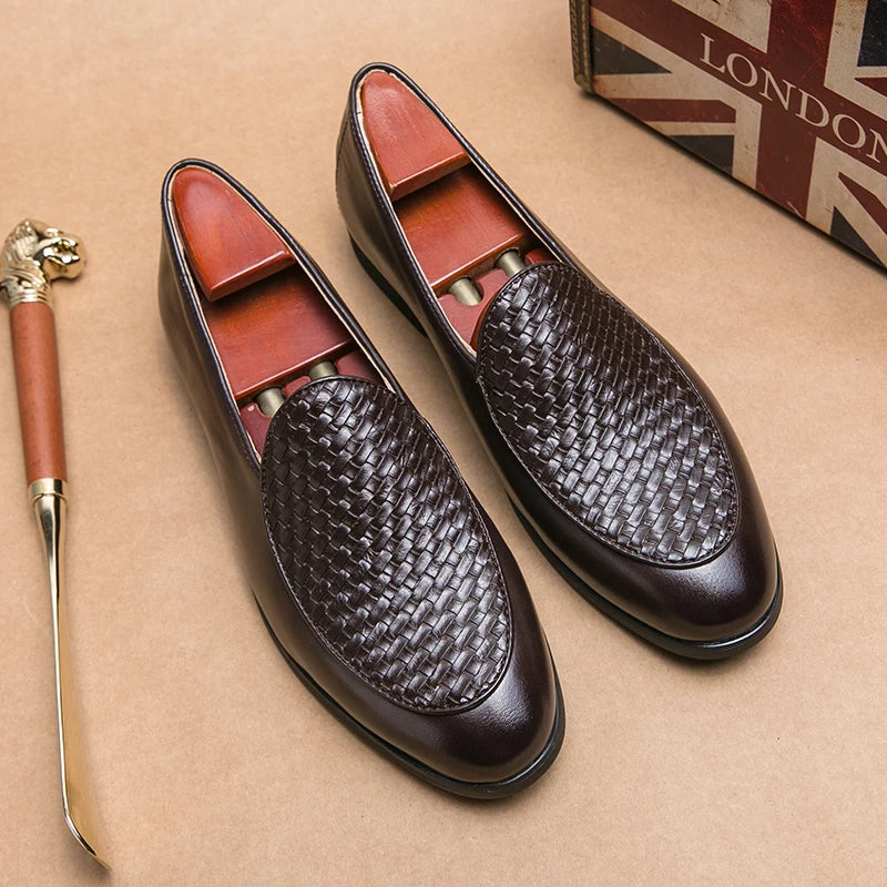 Heritage Weave leather loafers for men, textured woven detail, polished slip-on dress shoes for professionals