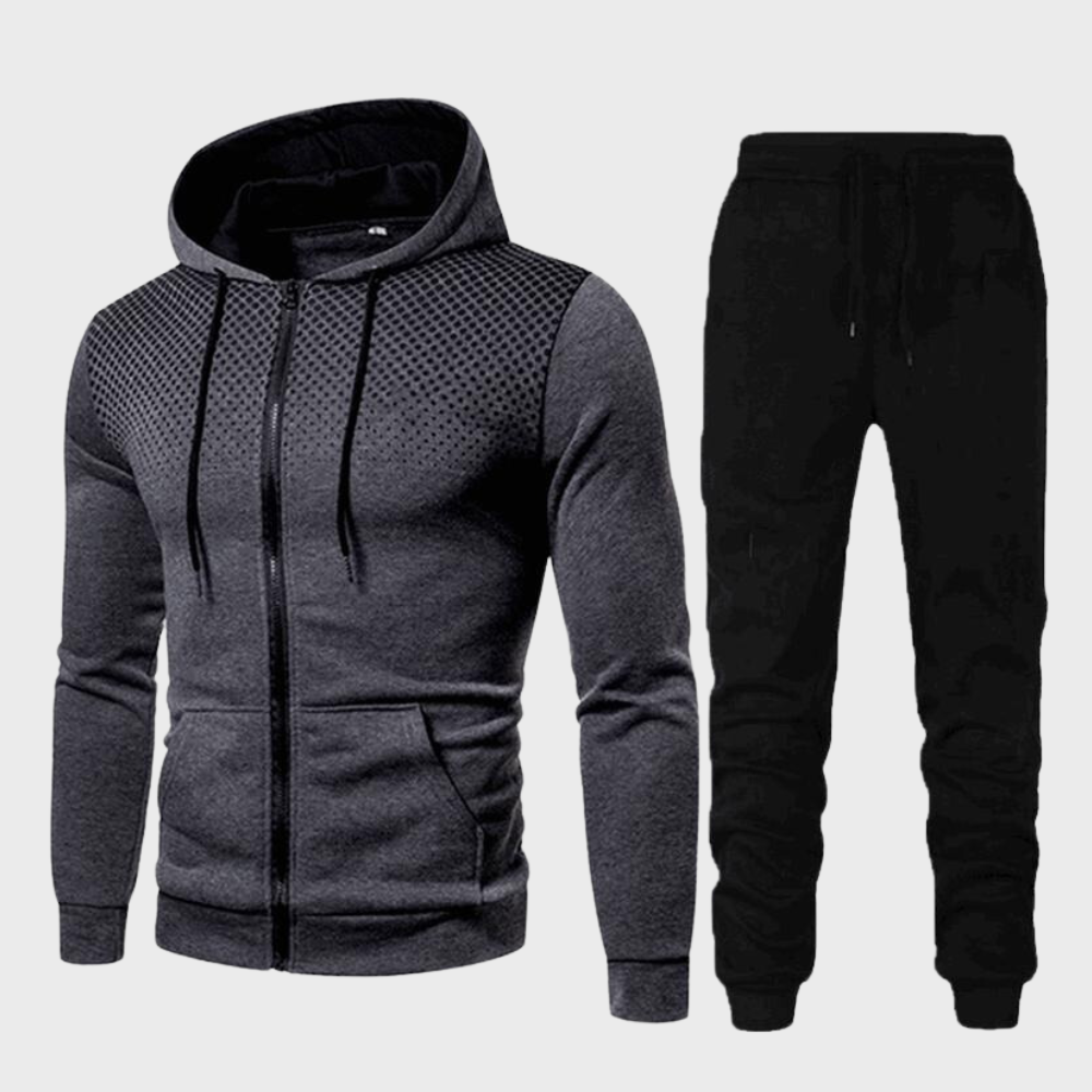 Men's casual gray tracksuit set with zip-up hoodie and tapered jogger pants sporty streetwear style