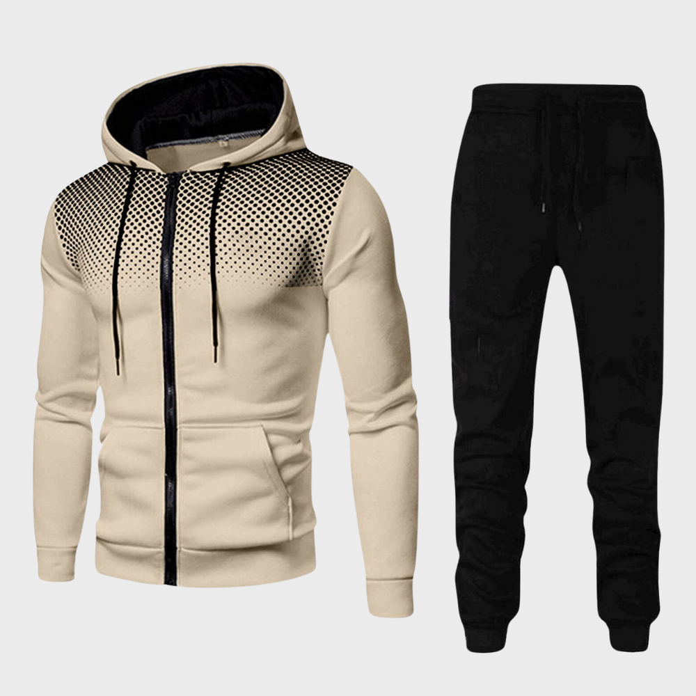 Men's gray zip-up hoodie tracksuit set with tapered jogger pants, sporty streetwear style