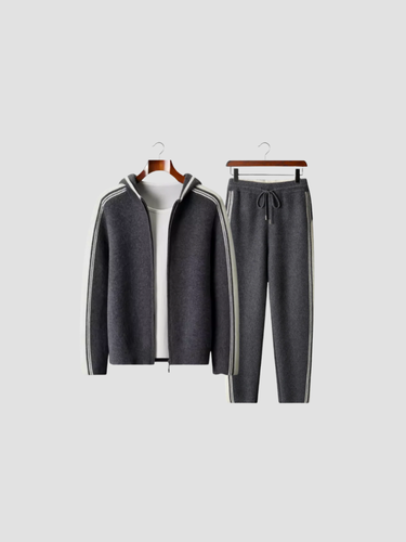 Men's navy blue zip-up tracksuit with contrasting side stripes and adjustable drawstring jogger pants