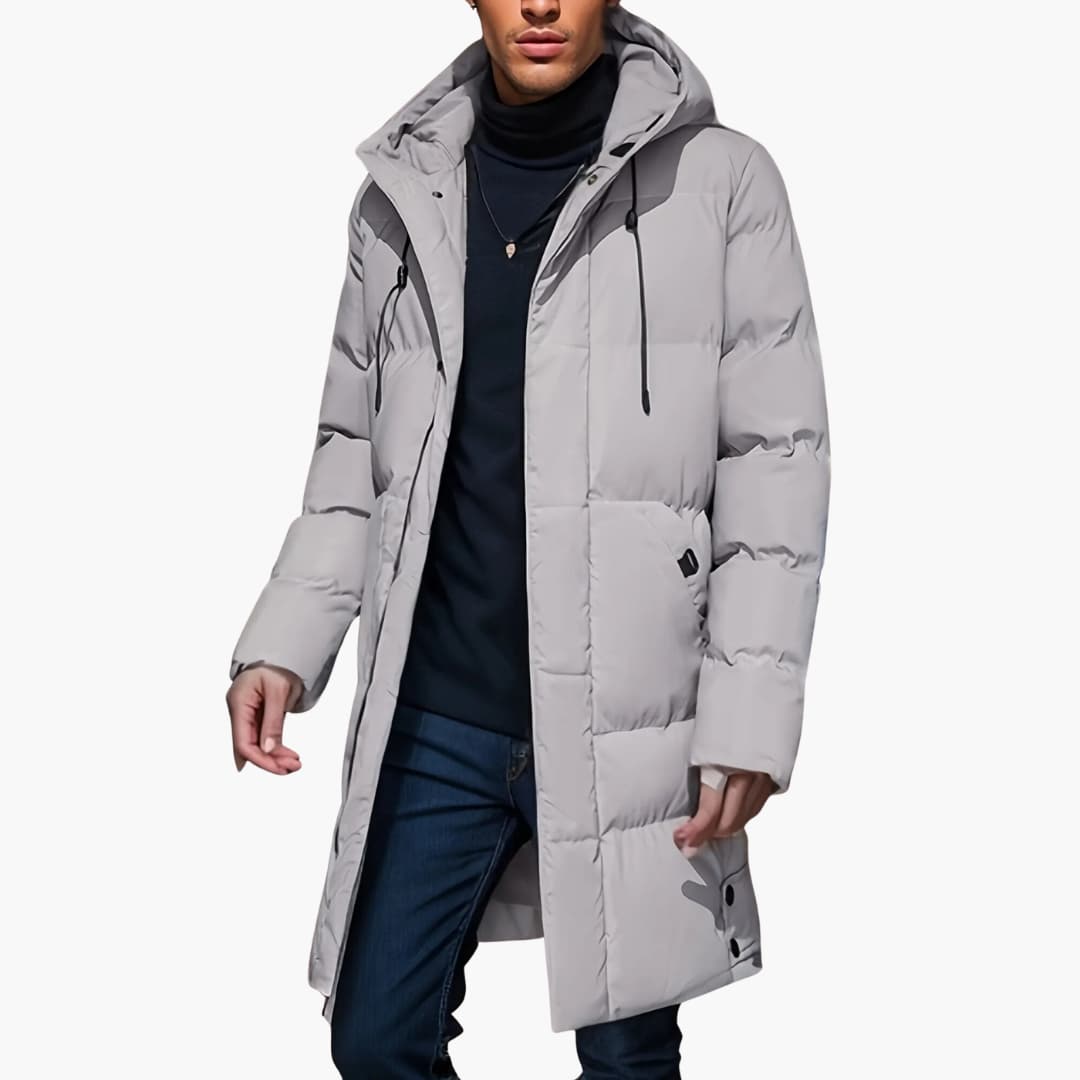 Men's black quilted down winter jacket adjustable hood full-length zipper long hem cold weather