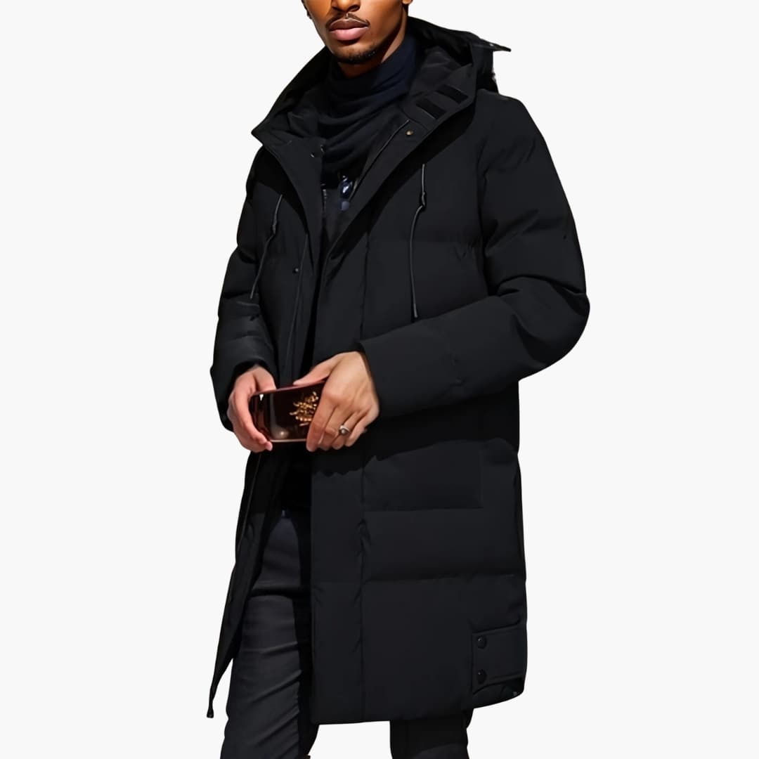 Men's black quilted down winter jacket adjustable hood full-zip long hem cold weather outdoor