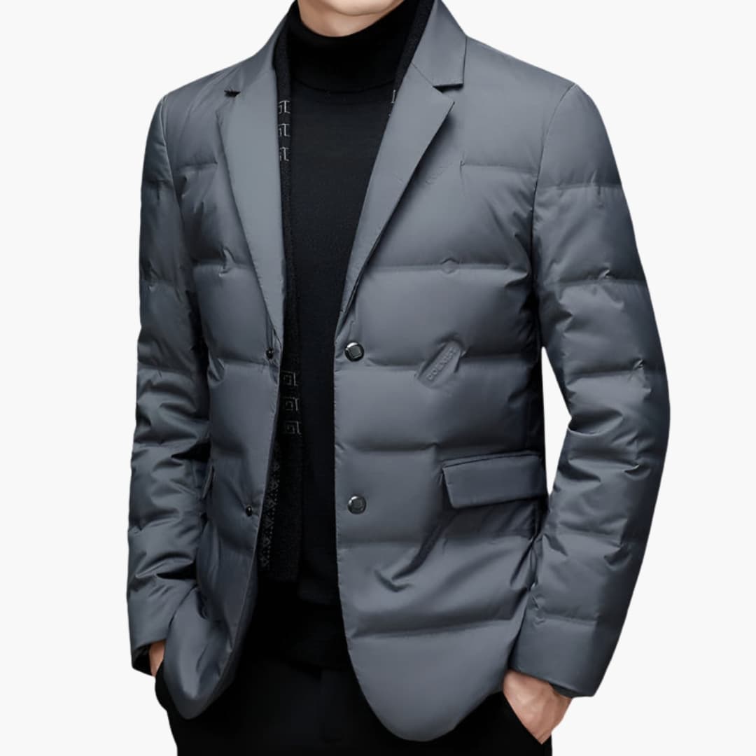 Men's padded blazer jacket with button closure, notched lapel, and side pockets for office style