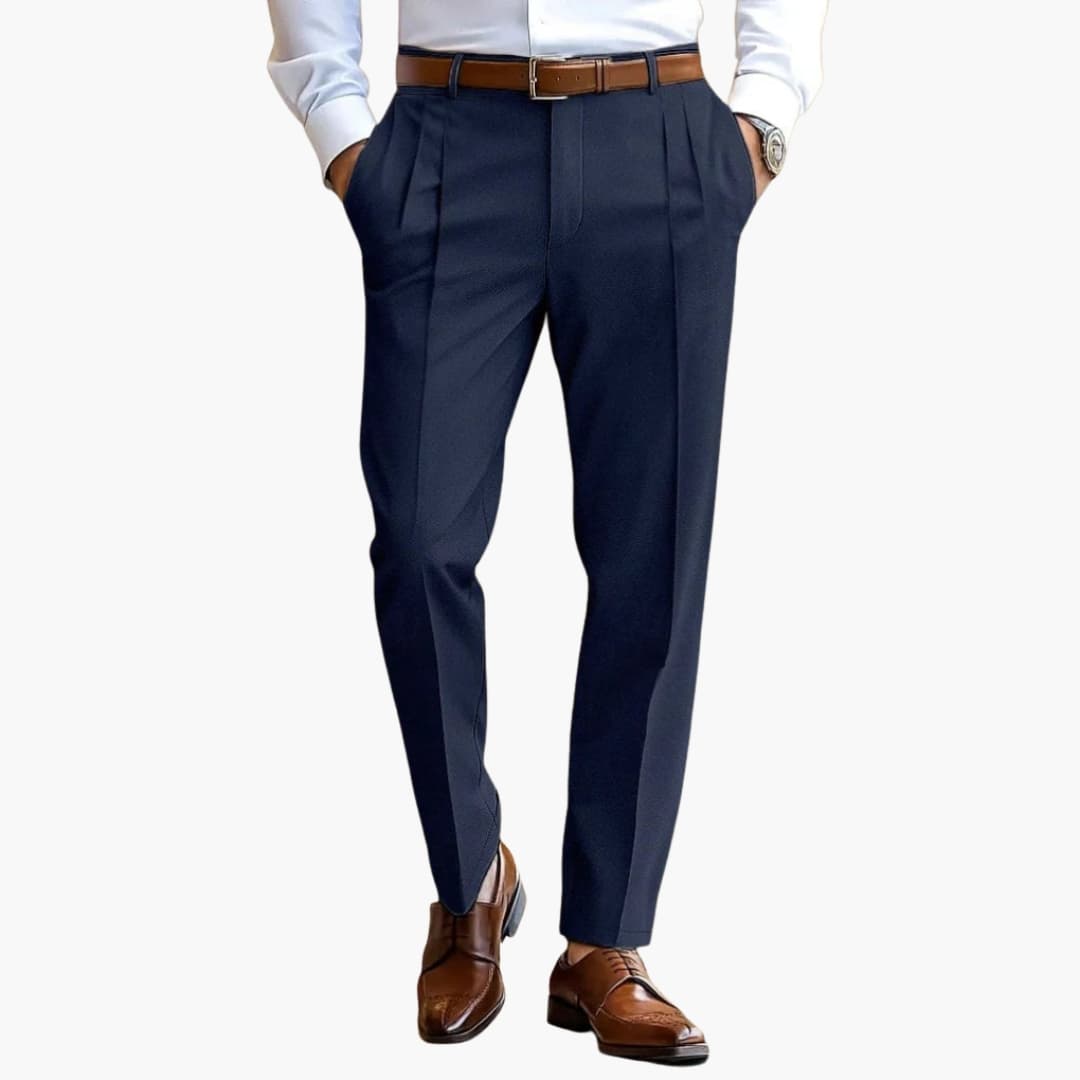 Men's gray pleated trousers straight-cut smart office style with structured waistband and belt loops