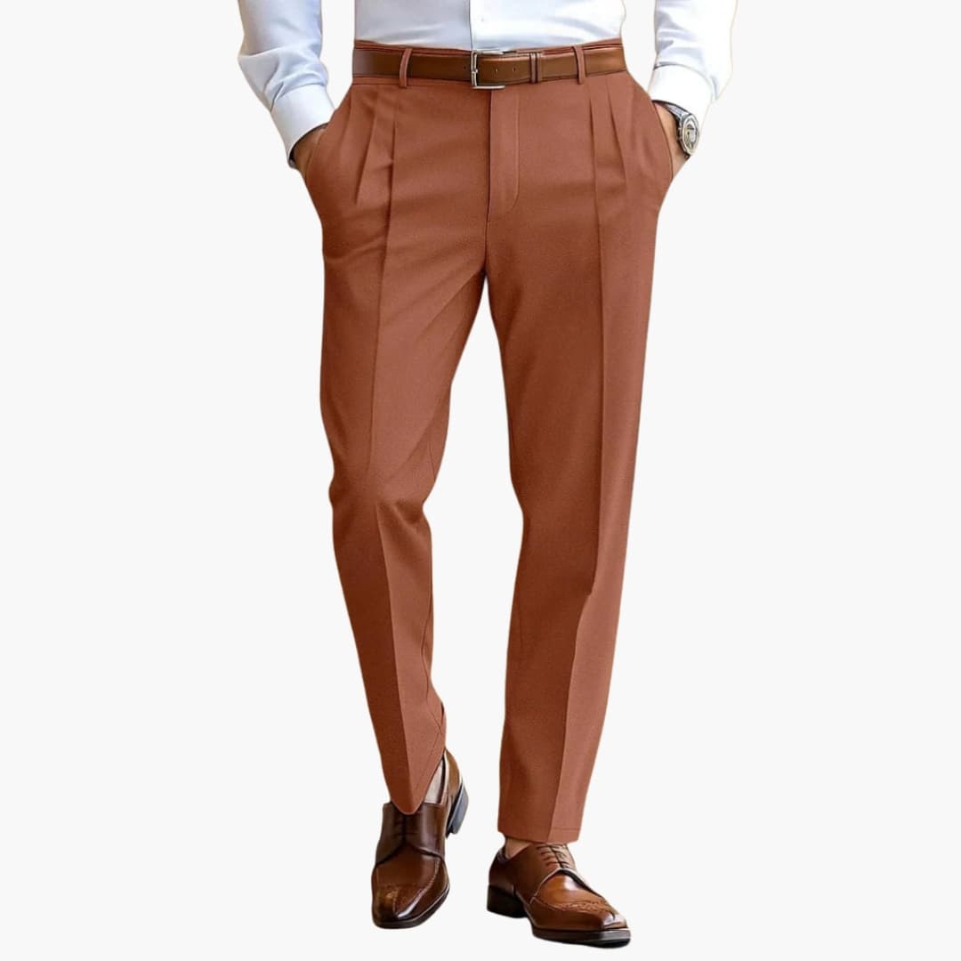 Men's grey pleated trousers straight cut structured waistband belt loops smart office style