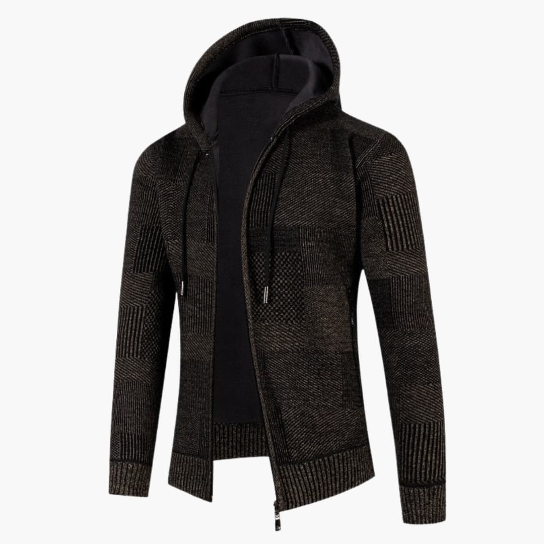 Men's structured knit cardigan hoodie with full-length zipper, casual everyday layering piece with zip pockets